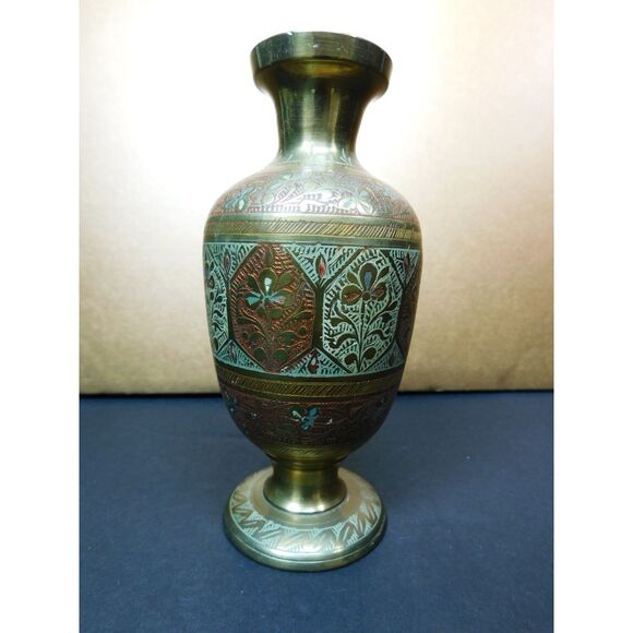 Vintage Brass Enamaled Vase India Marked 5.5 in. Tall - Picture 2 of 8
